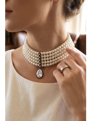 Fayra Accessories Zirkon Taşlı Su Damlası Sallantılı Choker Tasma Inci Kolye