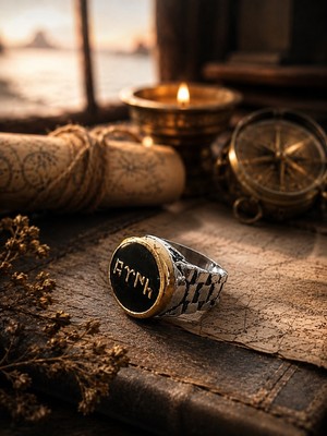 Lia Charm Gümüş Renk Kaplama Erkek Yüzük - Gold Çerçeveli Otantik Erkek Yüzüğü