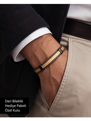 Herşey Nota Goldweave Prestige Erkek Deri Bileklik Siyah Metal ve Altın Ton Detaylı