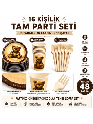 Bkmc Party Teddy Bear Parti Seti Doğum Günü Süsleme | 8 16 Kişilik Tabak Bardak Çatal | Doğum Günü Parti Sofra Seti