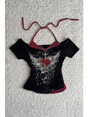 Moonstyle Collection Siyah Rose Red Heart Ek Askılı Gotik Y2K Kısa Kollu Bluz