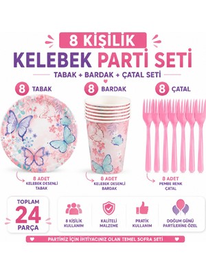 Bkmc Kelebek Temalı Doğum Günü Parti Seti | 8 ve 16 Kişilik | Tabak Bardak Çatal Seti | Doğum Günü Sofra Süsleme