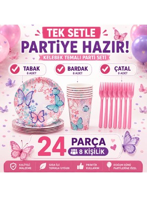 Bkmc Party Kelebek Doğum Günü Seti | 8 16 Kişilik Parti Sofra Seti | Tabak + Bardak + Çatal | Kız Çocuk Doğum Günü