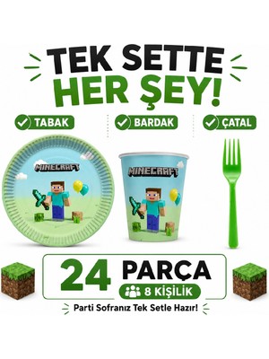 Bkmc Minecraft Temalı Doğum Günü Parti Seti | 8 ve 16 Kişilik | Tabak Bardak Çatal Seti | 24 / 48 Parça | Çocuk Doğum Günü Sofra Seti