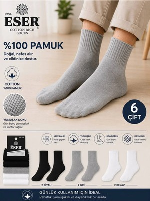 Eser Çorap 6 Çift Unisex Pamuklu Sporcu Çorabı Tek Beden Siyah,beyaz,gri – Günlük ve Spor Kullanım