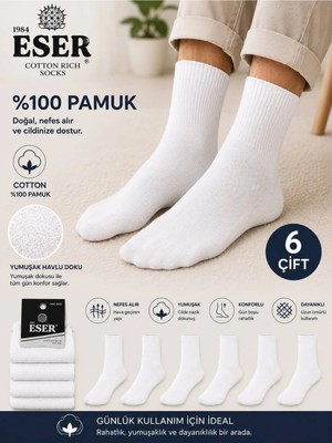 Eser Çorap 6 Çift Unisex Pamuklu Sporcu Çorabı Tek Beden Beyaz – Günlük ve Spor Kullanım