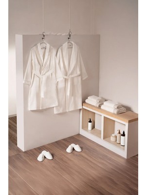 Ecocotton Luna Krem-Krem M-L %100 Organik Pamuk 10 Parça Aile Bornoz Seti