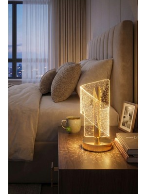 Buffer ® Çapraz Kavisli Kristal Simli LED Masa Lambası – Gold Gövdeli, Dokunmatik, 3 Kademe Işık Ayar