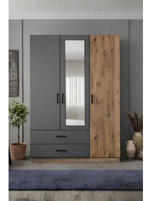 Rudu Mudo 3 Kapaklı Aynalı 120X45X190 cm 2 Çekmeceli, Giyisi, Eşya Dolap/gardırop Antrasit-Çam