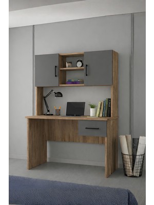 Rudu Mudo Çalışma Bilgisayar Masası 120X60X152 cm Raflı 2 Kapalı 1 Çekmeceli Antrasit-Çam