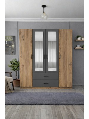 Rudu Mudo 4 Kapaklı Aynalı 160X45X190 cm 2 Çekmeceli, Giyisi, Eşya Dolap/gardırop Antrasit-Çam