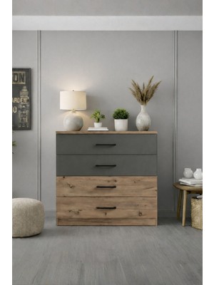 Rudu Mudo Şifonyer 80X40X85 cm 4 Çekmeceli Yatak Odası Bebek Odası Genç Odası Antrasit-Çam