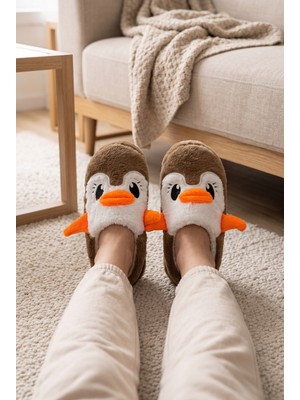 Nmoda Kadın Peluş Ev Terliği Penguen Desenli Kışlık Sıcak Tutan Kapalı Burun Yumuşak Tabanlı Rahat Pandufu