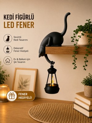 Askılı Kedi Raf Dekoru 24 cm - LED Fenerli Minimalist Salon, Balkon , Raf ve Ev Aksesuarı Dekoratif Obje - Mum Hediyeli