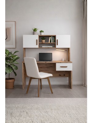 Rudu Liva Çalışma Bilgisayar Masası 120X60X152 cm Raflı 2 Kapalı 1 Çekmeceli Beyaz-Çam
