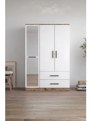Rudu Liva 3 Kapaklı Aynalı 108X45X189 cm 2 Çekmeceli, Giyisi, Eşya Dolap/gardırop Beyaz-Çam