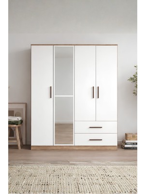 Rudu Liva 4 Kapaklı Aynalı 144X45X189 cm 2 Çekmeceli, Giyisi, Eşya Dolap/gardırop Beyaz-Çam