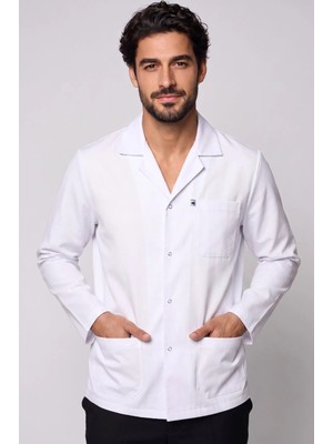 Deniz İş Erkek Gömlek Yaka Uzun Kol Çıtçıtlı Ceket Boy Beyaz Alpaka Kumaş Doktor ve Öğretmen Önlüğü