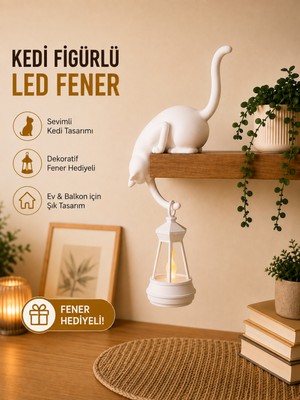 Askılı Kedi Raf Dekoru 24 cm - LED Fenerli Minimalist Salon, Balkon , Raf ve Ev Aksesuarı Dekoratif Obje - Mum Hediyeli