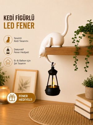 Askılı Kedi Raf Dekoru 24 cm - LED Fenerli Minimalist Salon, Balkon , Raf ve Ev Aksesuarı Dekoratif Obje - Mum Hediyeli