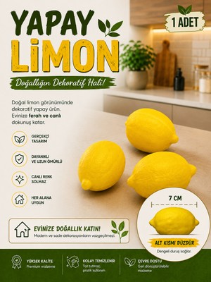 Filkorium3D Dekoratif Yapay Limon 1 Adet Gerçekçi Görünümlü Mutfak ve Ev Dekoru - 7 cm