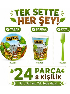 Bkmc Safari Temalı Doğum Günü Parti Seti | 8 ve 16 Kişilik | Tabak Bardak Çatal Seti | 24 / 48 Parça | Çocuk Doğum Günü Sofra Seti