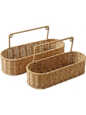 Go İthalat Plastik Rattan Hasır Görünümlü 2'li Oval Duvar Askılı Çok Amaçlı Organizer Sepet