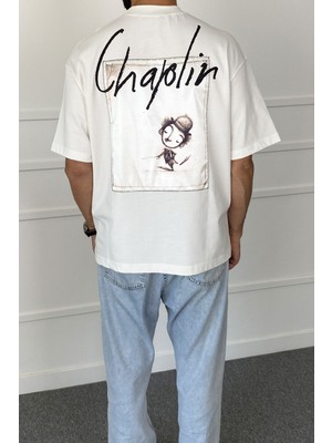 Alışveriş Sokağı Charlie Chaplin Baskılı Bisiklet Yaka Oversize Siyah Tişört