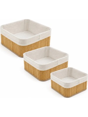 Go İthalat Bambu Kenarlı Ahşap Altlı Içi Bezli Kare 3 Boy Organizer Sepet