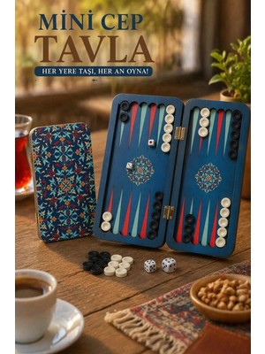 KutuTR TVL04 Katlanabilir Mini Cep Tavlası Ahşap Mdf Taşınabilir Tavla Seti Desenli 2 Adet Tabak Altlığı