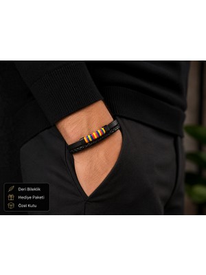 Herşey Nota Velciano Renk Detaylı Siyah Deri Erkek Bileklik – Özel Premium Hediye Serisi