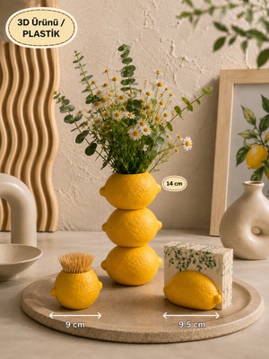 Filkorium3D 3’lü Set Limon Tasarımlı Vazo, Peçetelik,kürdanlık Seti Ev Masa Dekorasyonu Limon Tasarımlı Mutfak Dekorasyonu