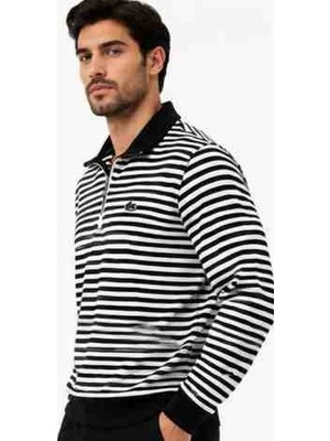 Lacoste Fermuar Yaka Siyah Çizgili Regular Fit