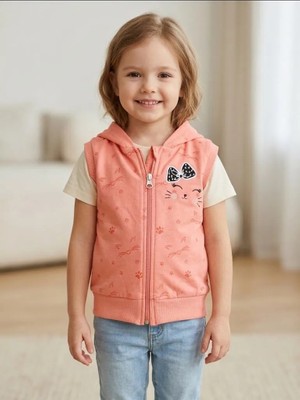 Erca Home Tekstil Ürünleri %100 Pamuklu Şardonsuz Iki Iplik Kedi Kız Yelek 12 Ay,2y,3y,4y 5 Y Kız Pudra