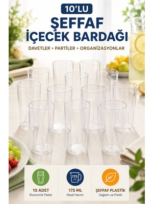 Open Home Concept 10'lu 175 ml Şeffaf Plastik Içecek Bardağı Davet Parti Organizasyon Sunum Bardağı