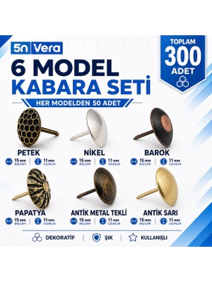 5n Vera 300 Adet Dekoratif Kabara Raptiye Seti 11 mm Petek Nikel Barok Papatya Antik Metal Tekli Antik Sarı Koltuk Mobilya Döşeme Çivisi