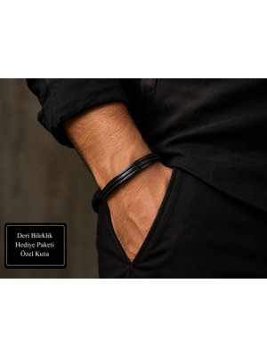 Herşey Nota Helvian Blackline Çok Sıralı Hakiki Deri Erkek Bileklik Ayarlanabilir 18-21 cm