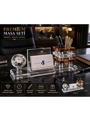 Kesene Premium Hediye Ofis Kristal Cam Saatli Kalemlik Kartvizitlik Yönetici Masaüstü Organizer Seti kahve