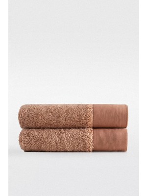 Ecocotton Pure Cotton Kahverengi Bez Bordürlü %100 Organik Pamuk 2'li Yüz Havlusu Seti - 50*90 cm