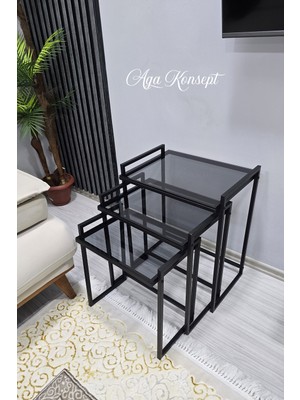 Aga Konsept 3'lü Siyah Rana Sehpa, Füme Camlı, Çok Amaçlı Zigon Sehpa, Yan Sehpa, Orta Sehpa, Metal Sehpa