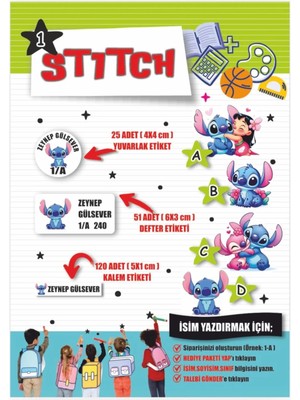 Joker Atölye Kişiye Isme Özel Kız Ve/veya Erkek Öğrenci Için Uv Baskı 196 Adet Okul, Kalem, Defter Etiketi - Stitch Çizgi Karakter Temalı