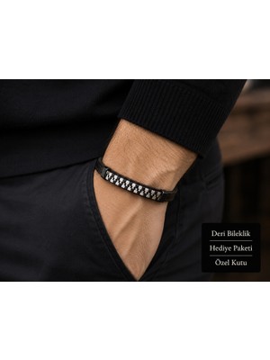 Herşey Nota Asterion Signature Siyah Deri Erkek Bileklik – Modern Metal Detaylı Tasarım