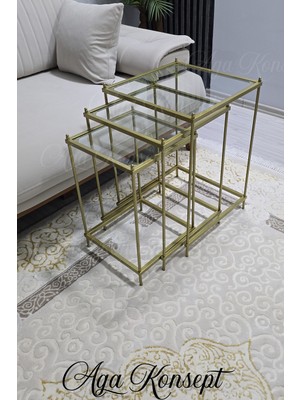 Aga Konsept 3 Lü Vera Gold Şeffaf Camlı, Çok Amaçlı Metal Zigon Yan Sehpa