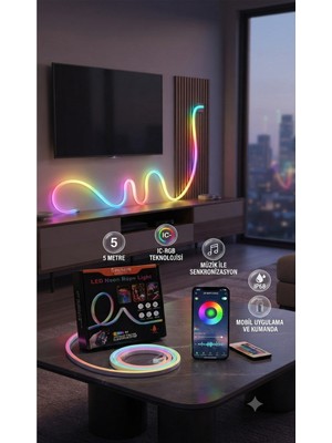 Vanckey 3 Metre LED Neon Şerit Işık Rgb Ic Akıllı Renkli Neon Rope Light – Mobil Uygulama ve Kumanda Kontrollü, Müzik