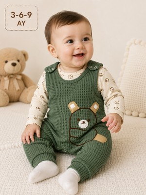Maxi İdol Kulaklı Ayıcık Desenli Bebek Salopet Takımı, Uzun Kollu Çıtçıtlı Body, Waffle Tulum ve Çorap 3’lü Set