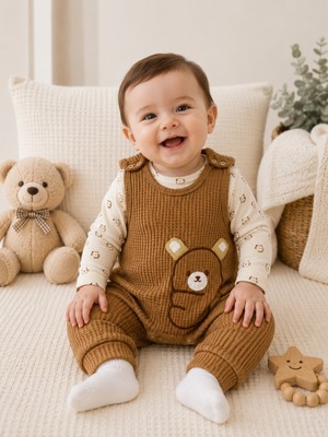 Maxi İdol Kulaklı Ayıcık Desenli Bebek Salopet Takımı, Uzun Kollu Çıtçıtlı Body, Waffle Tulum ve Çorap 3’lü Set