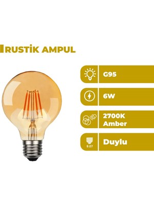 Zeyrise 6W G95 E-27 Duylu Rustik Ampul Amber Işık