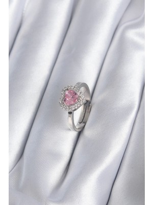 Mey İthalat Mey Ithalat® Pirinç Gümüş Renk Pembe Zirkon Taşlı Charm Model Kadın Yüzük