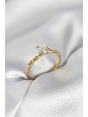 Mey İthalat Mey Ithalat® Gold Renk Sarmal Zincir Model Tek Taş Model Zirkon Taşlı Kadın Yüzük