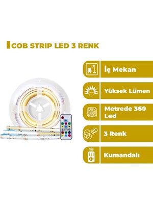 Zeyrise 5 Metre Cob Iç Mekan Şerit LED 3 Renk (6500K-4000K-3200K)